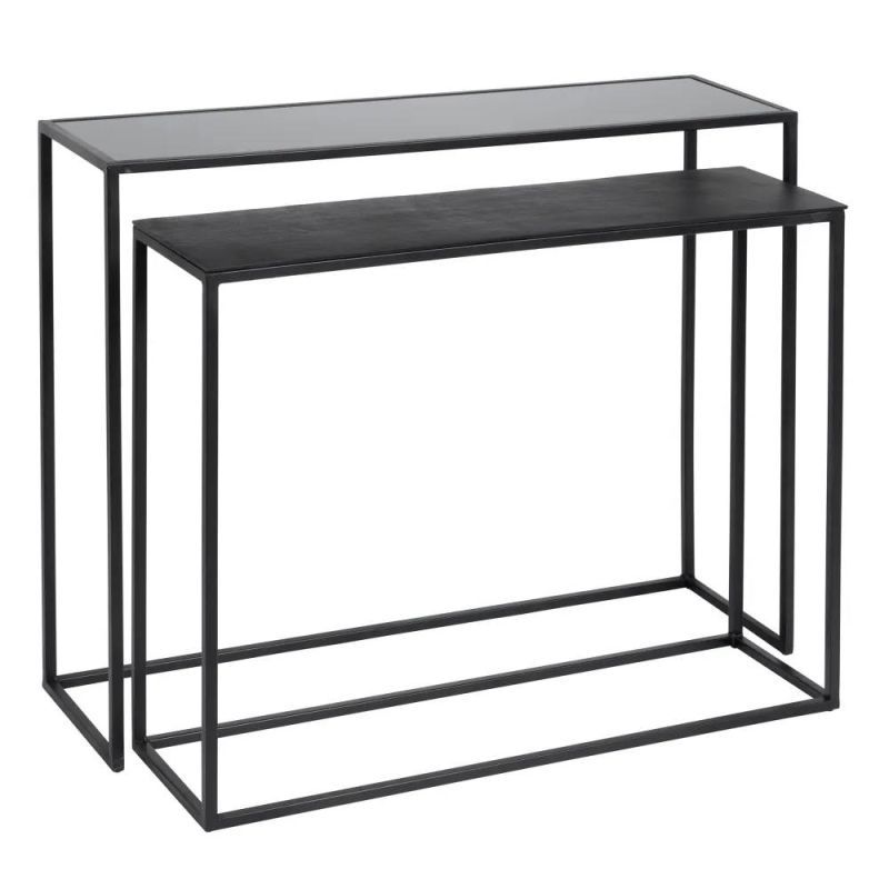 Lot de 2 consoles en aluminium noir et verre, Padady