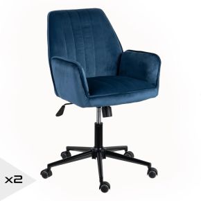 Chaise de bureau pivotante en velours bleu à roulettes, Aria