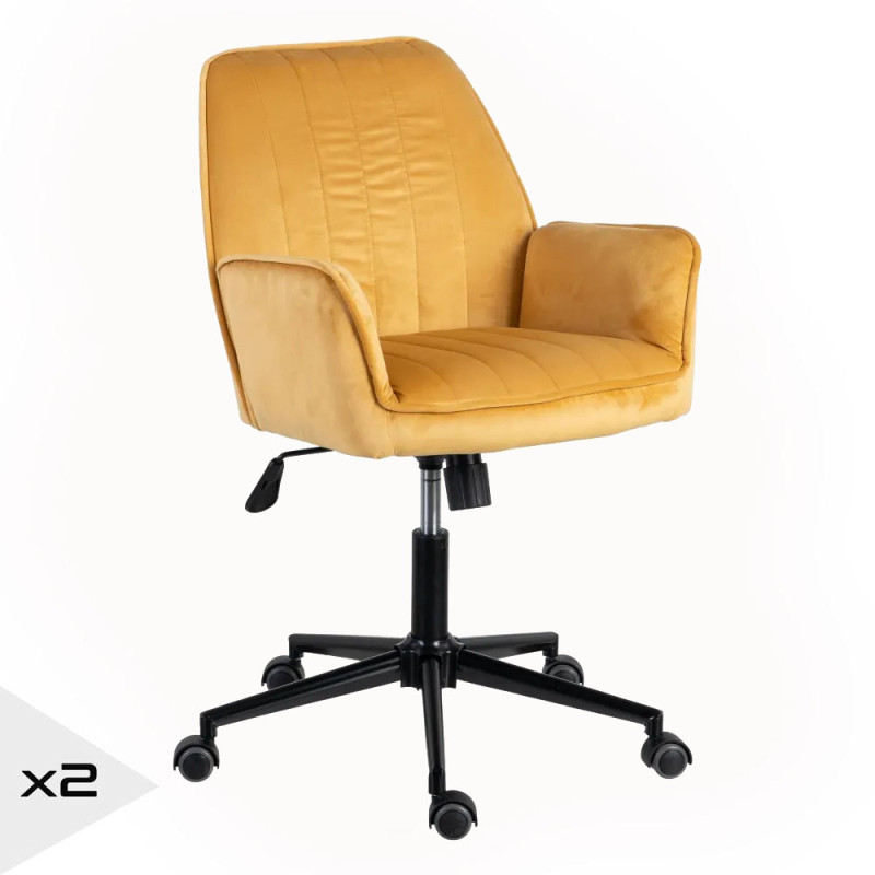 Chaise de bureau pivotante en velours jaune à roulettes, Aria