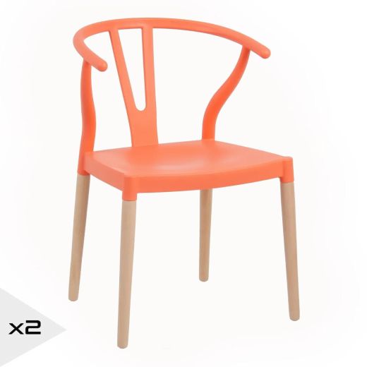 Lot de 2 chaises en résine orange et bois d'hêtre avec accoudoir, Megane