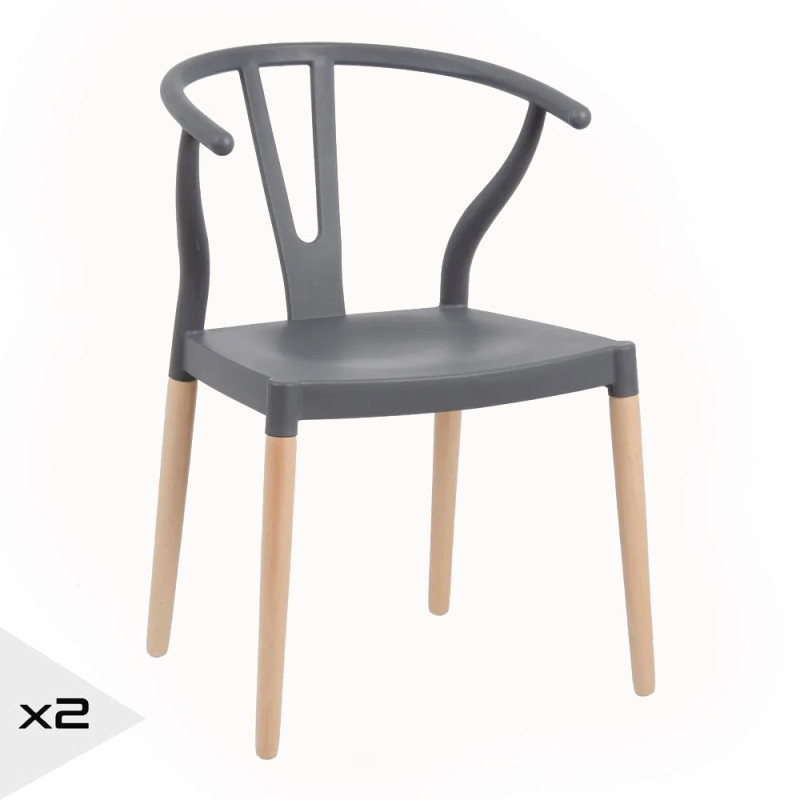 Lot de 2 chaises en résine anthracite et bois d'hêtre avec accoudoir, Megane