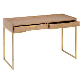 Console bureau 2 tiroirs en bois et métal doré, Malibou