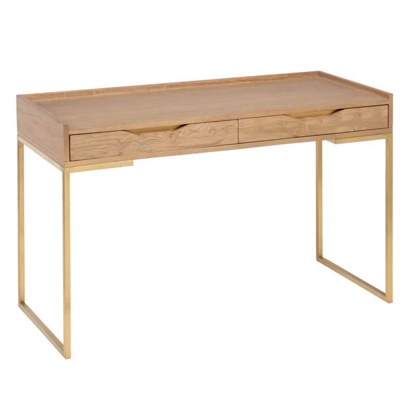 Console bureau 2 tiroirs en bois et métal doré, Malibou