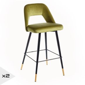 2 tabourets de bar velours vert dossier haut H105cm, Koto