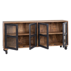 Buffet industriel bois noir massif avec 4 portes et roulettes, Indus