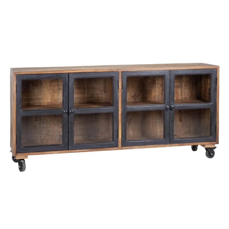 Buffet industriel bois noir massif avec 4 portes et roulettes, Indus