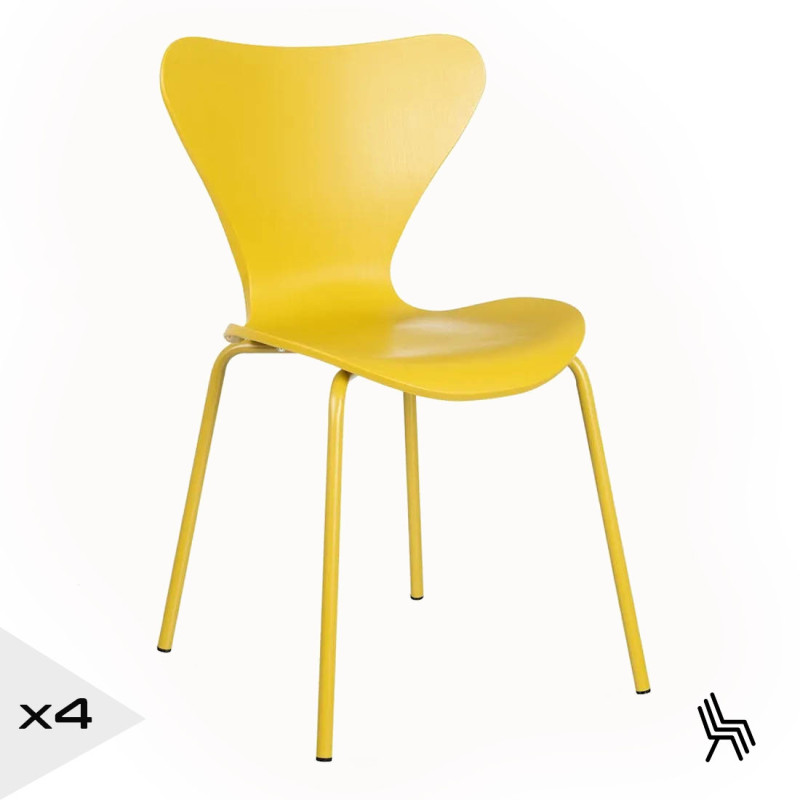 4 chaises en résine jaune design empilable