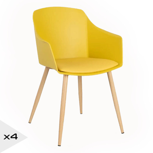 4 chaises jaune design en résine avec coussin