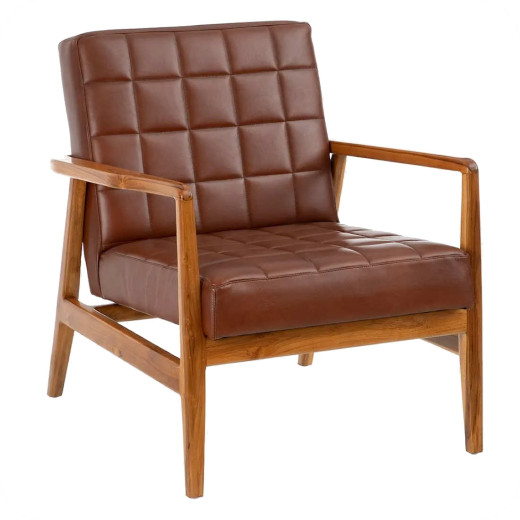 Fauteuil cuir contemporain marron et teck