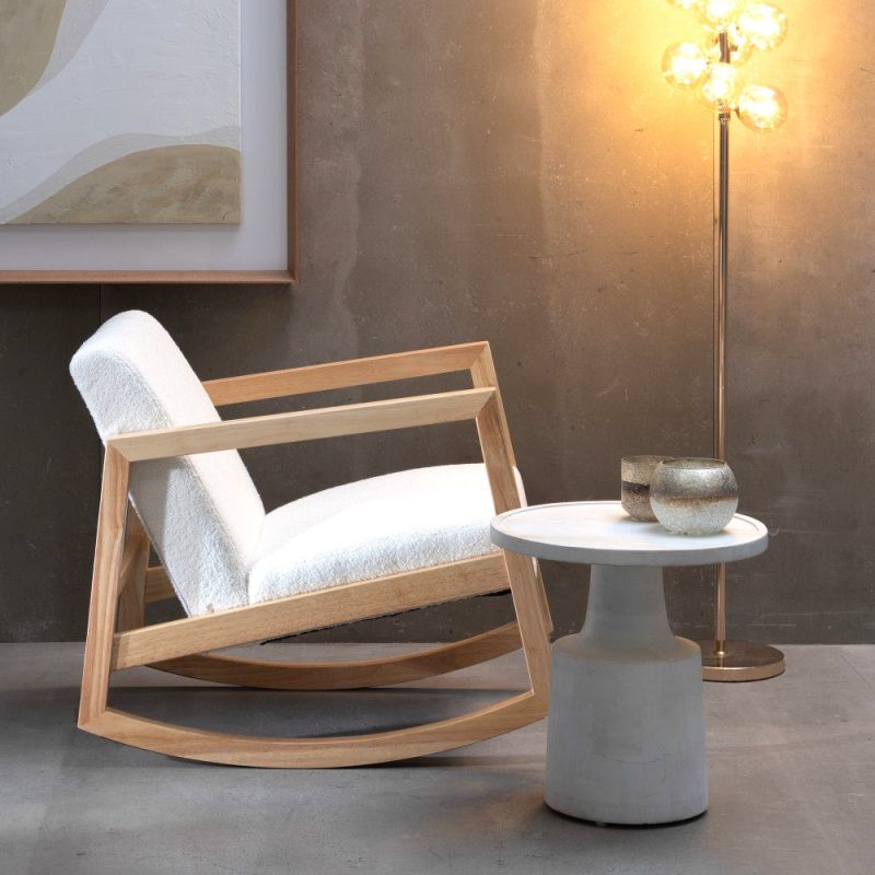 Fauteuil à bascule en bois d'hévéa naturel tissu bouclette ivoire, Kalen