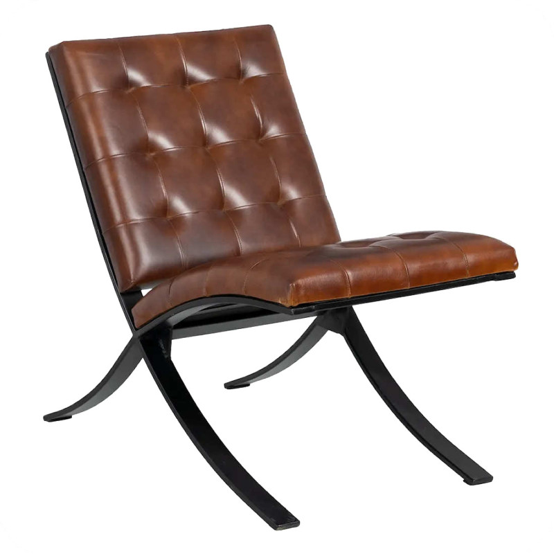 Fauteuil lounge cuir marron et métal Victorine