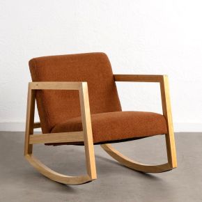 Fauteuil à bascule en bois d'hévéa naturel tissu bouclette marron, Kalen