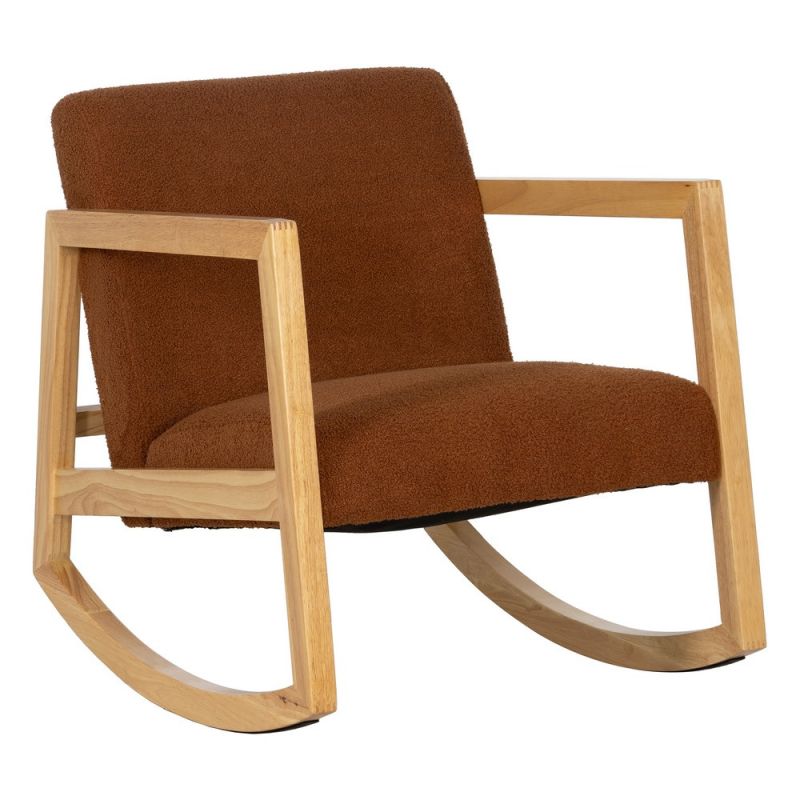 Fauteuil à bascule en bois d'hévéa naturel tissu bouclette marron, Kalen