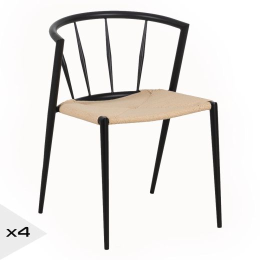 Lot de 4 chaises métal noir et corde, Toly