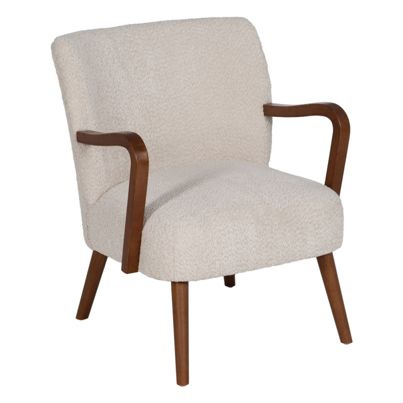 Fauteuil en bois naturel et tissu bouclette ivoire, Malo