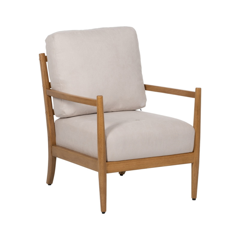 Fauteuil tissu beige et bois naturel, Mega