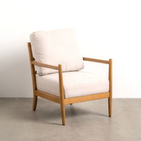 Fauteuil tissu beige et bois naturel, Mega