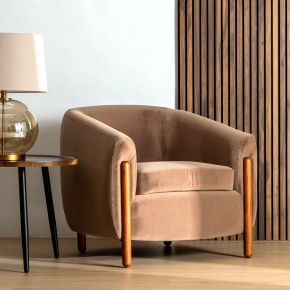 Fauteuil velours taupe et bois d'hévéa, Fantasia