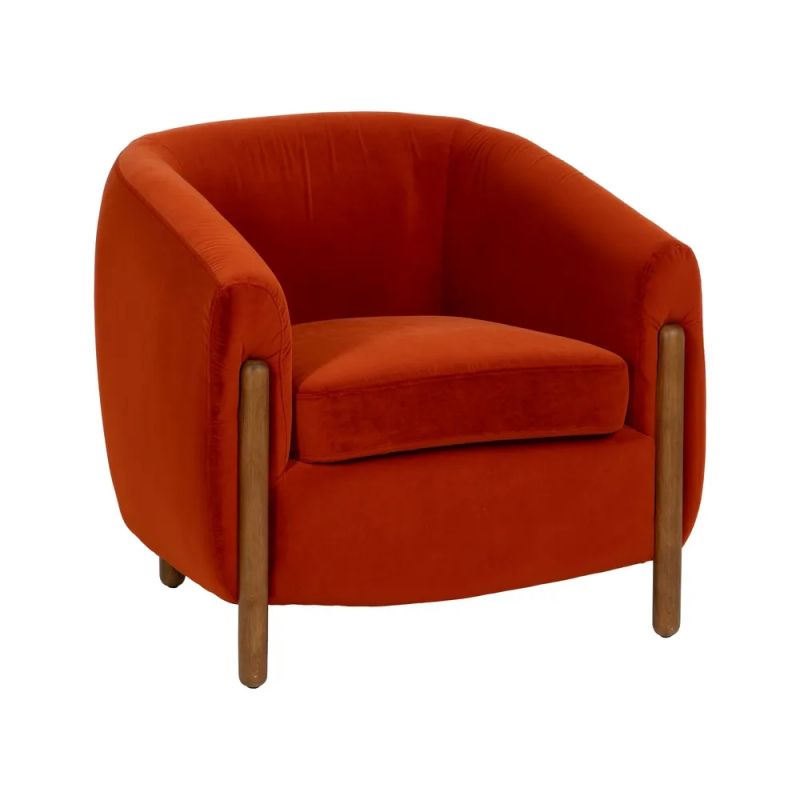 Fauteuil velours orange et bois d'hévéa, Fantasia