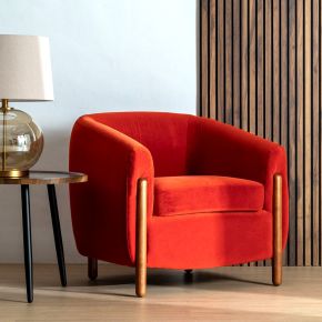 Fauteuil velours orange et bois d'hévéa, Fantasia