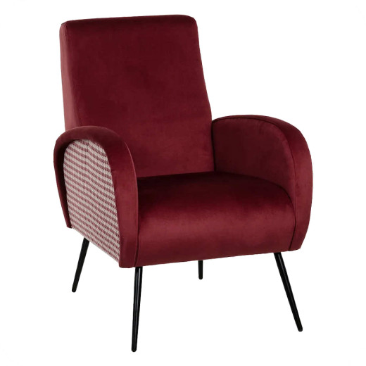 Fauteuil contemporain en velours bordeaux et pied de poule