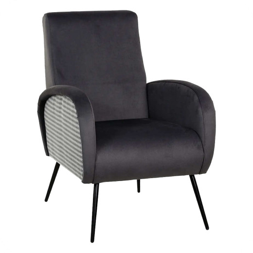 Fauteuil contemporain en velours gris et pied de poule