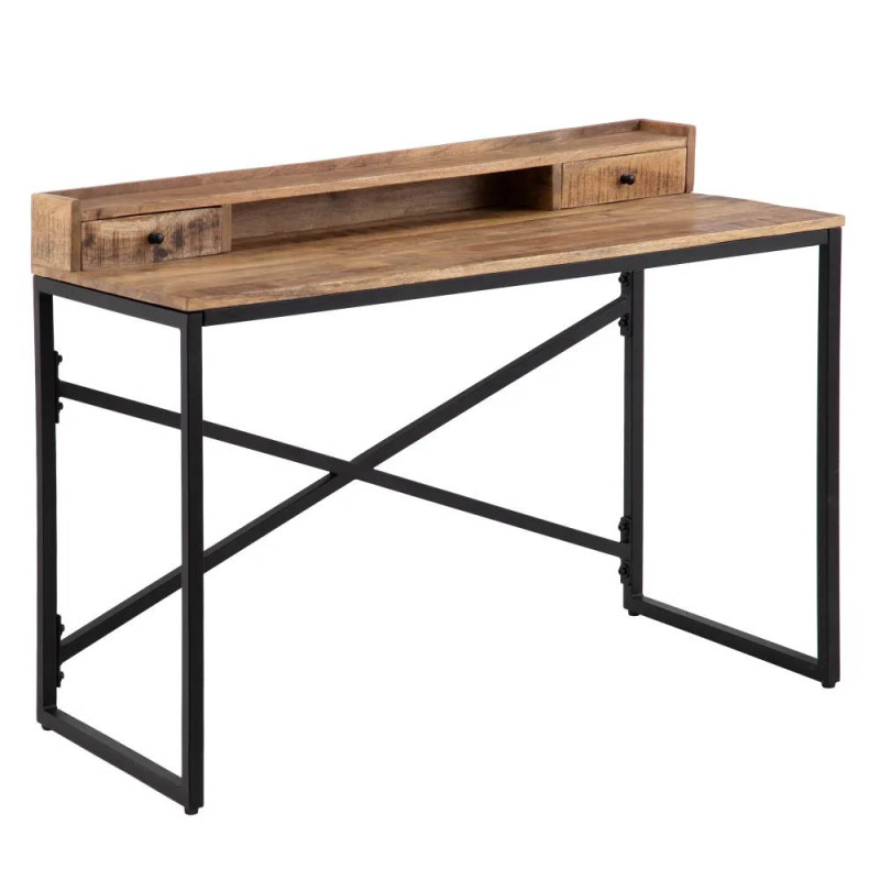 Bureau en bois naturel et métal noir avec 2 tiroirs